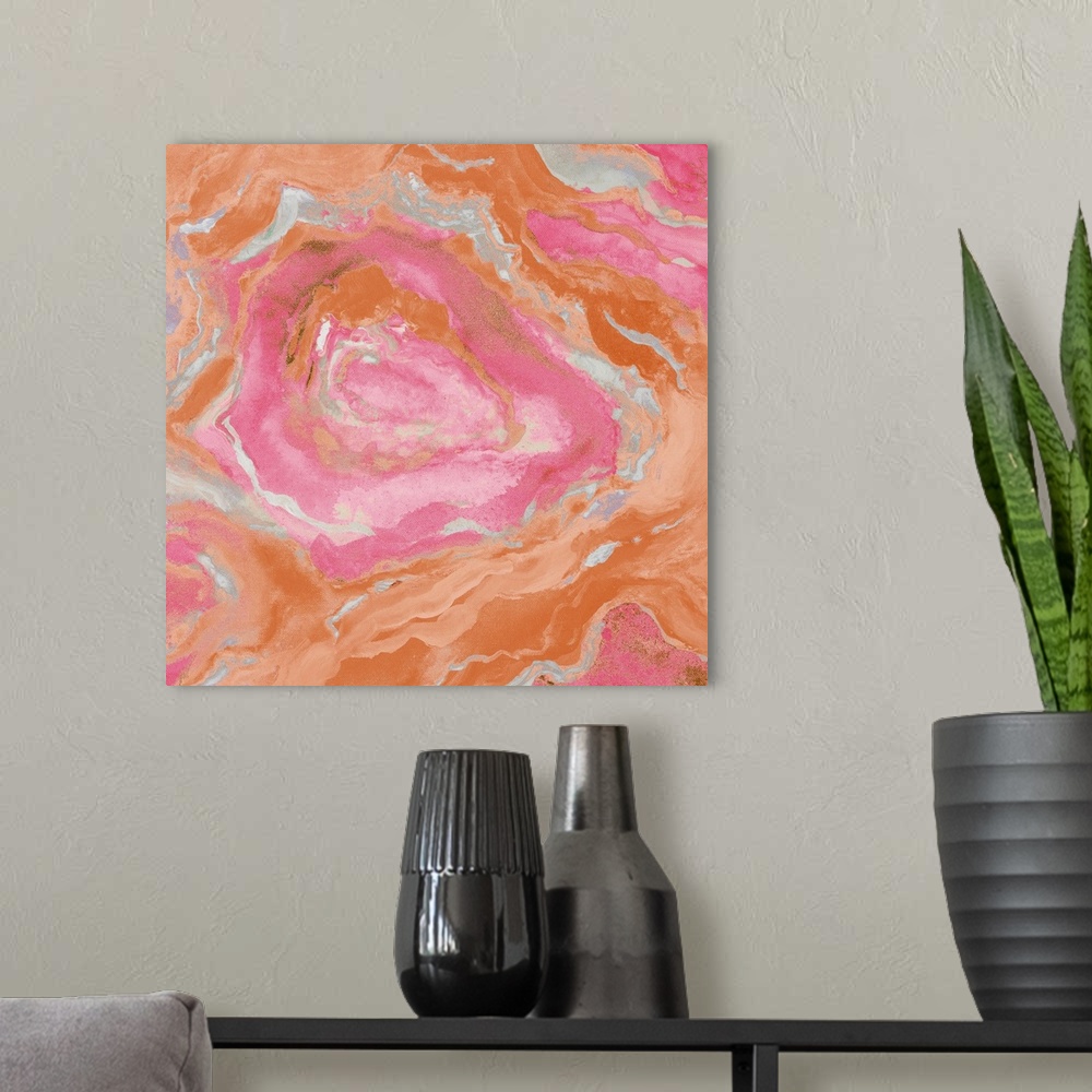 A modern room featuring Square abstract painting of quartz showing the agate in light shades of orange, pink, and gray.