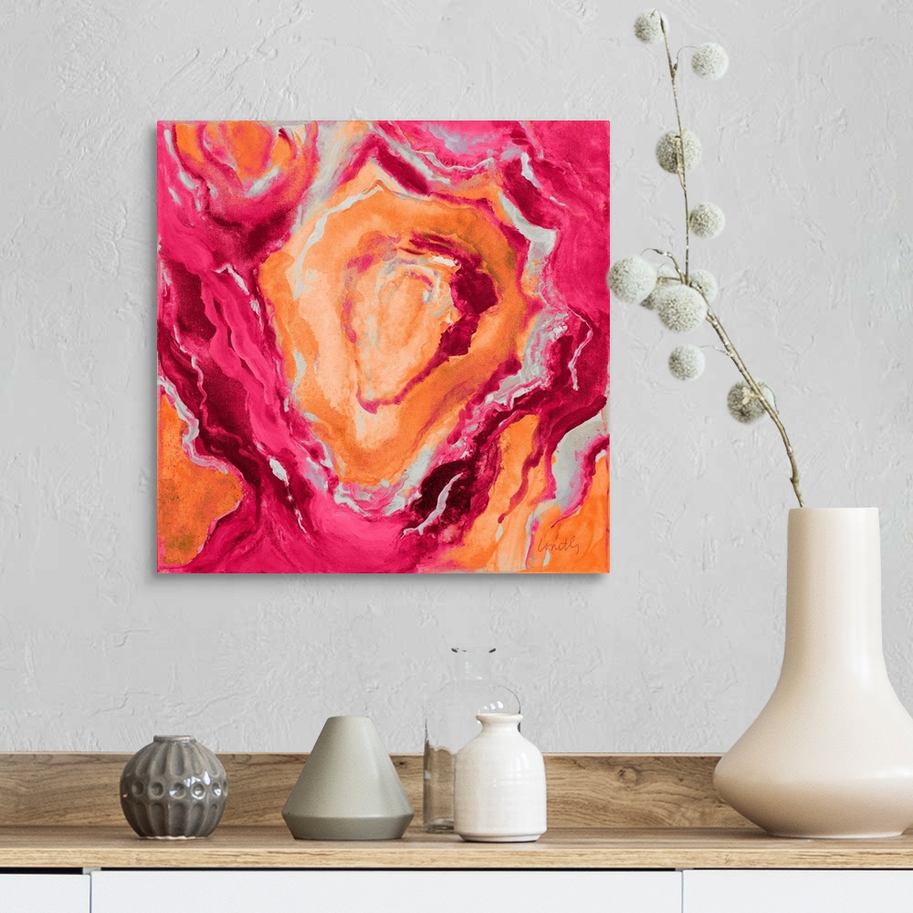 A farmhouse room featuring Square abstract painting of quartz showing the agate in dark shades of orange, pink, and gray.