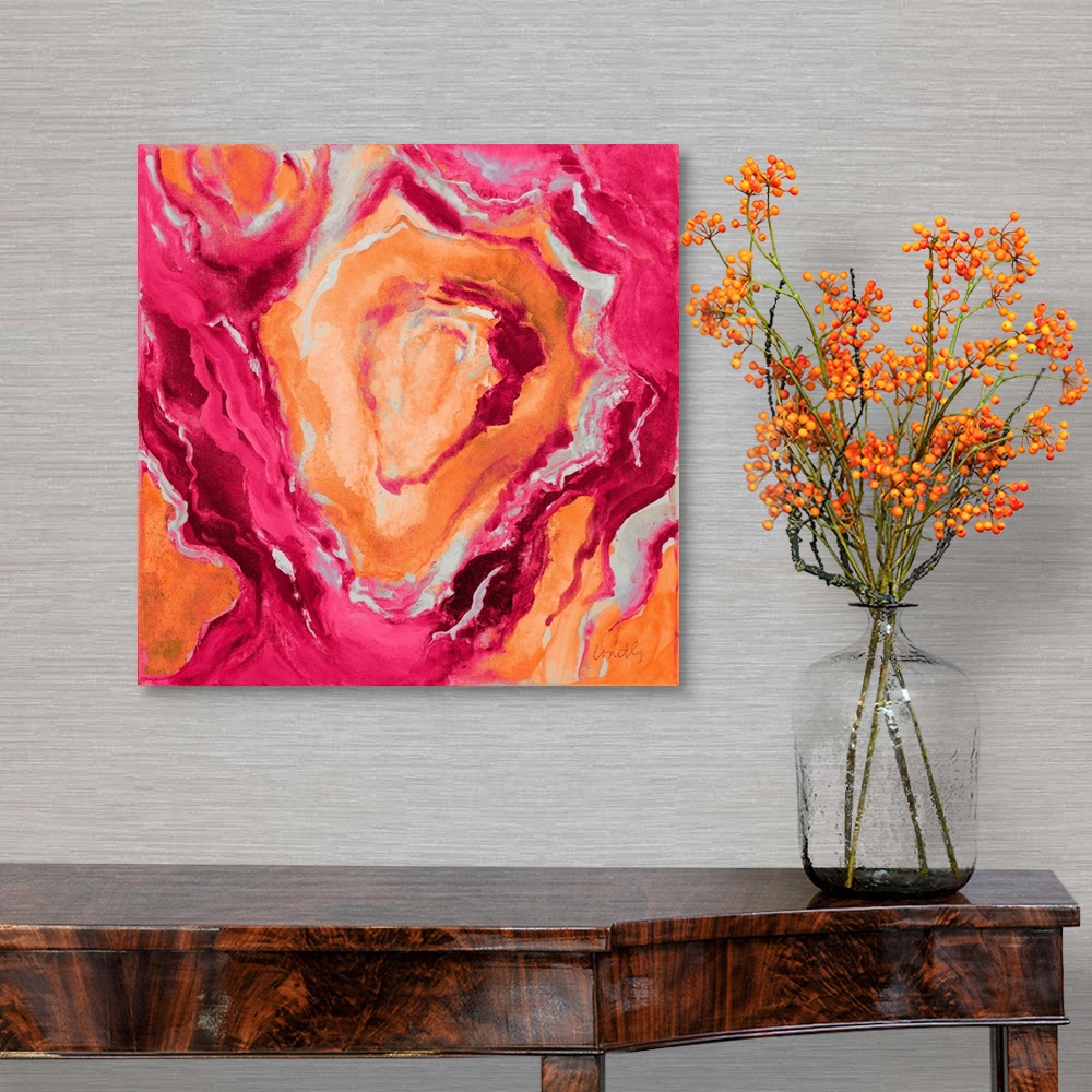 A traditional room featuring Square abstract painting of quartz showing the agate in dark shades of orange, pink, and gray.