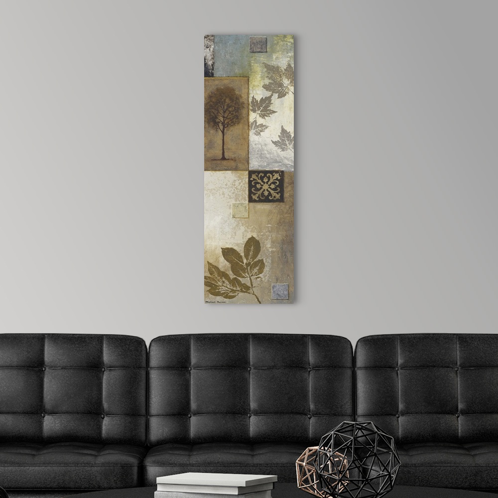 A modern room featuring Original size: 12x36; acrylic/collage on masonite