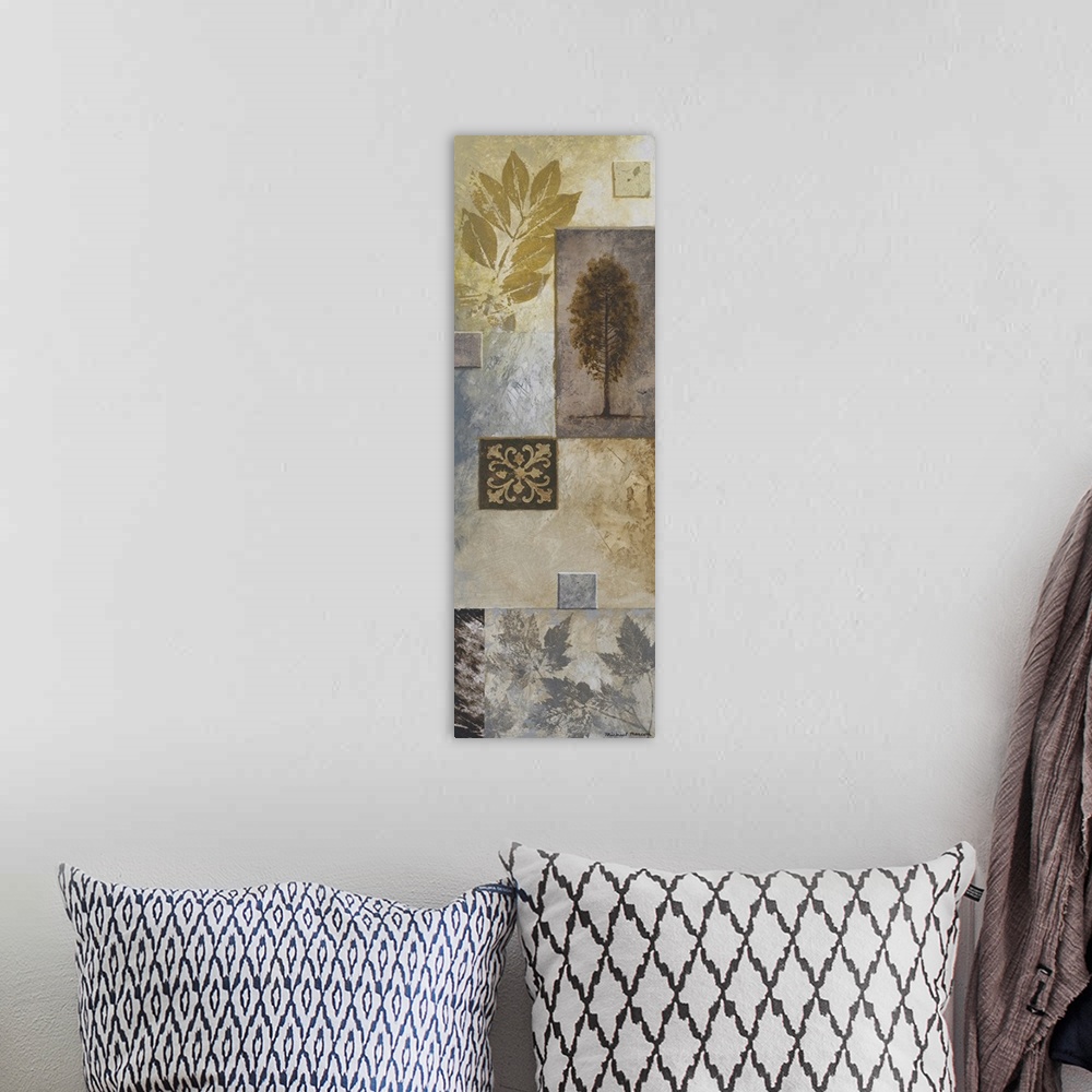A bohemian room featuring Original size: 12x36; acrylic/collage on masonite