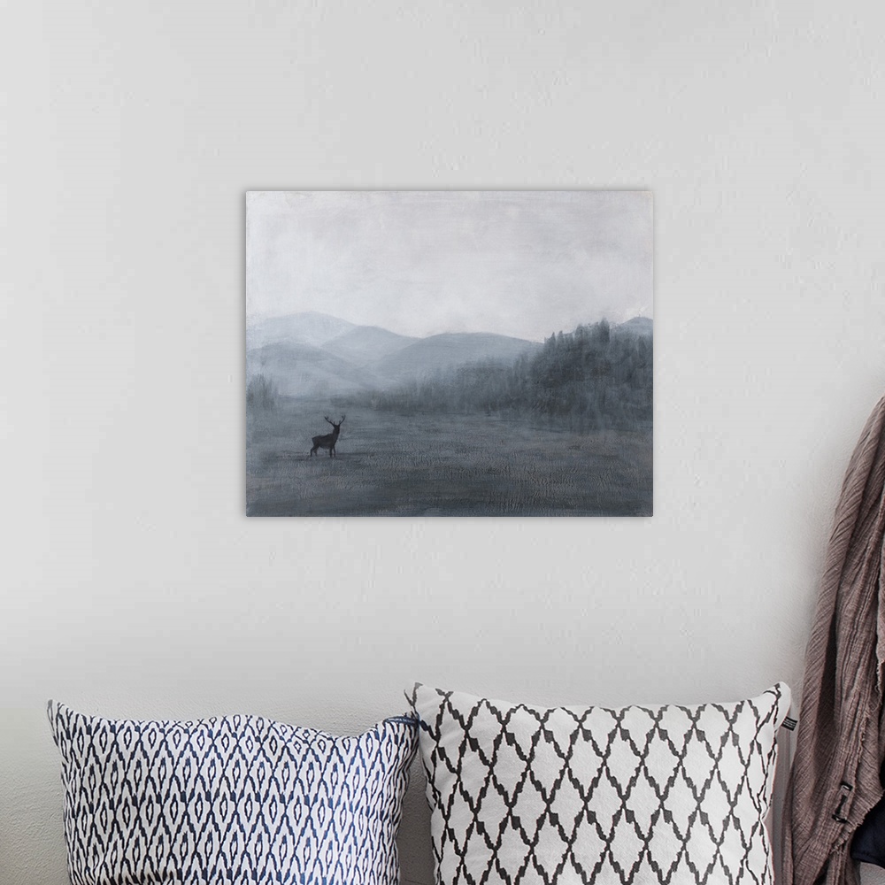 A bohemian room featuring Contemporary artwork of a dreamy landscape with a deer standing in a field and striations through...