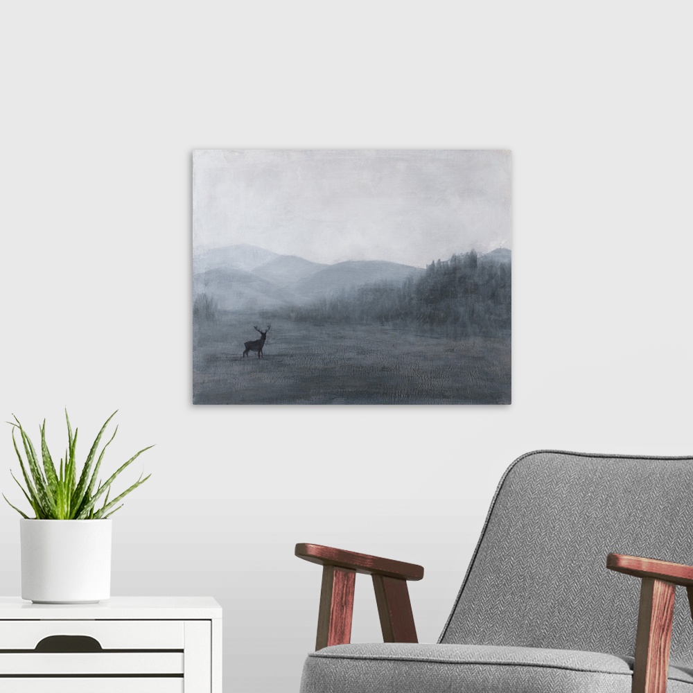 A modern room featuring Contemporary artwork of a dreamy landscape with a deer standing in a field and striations through...