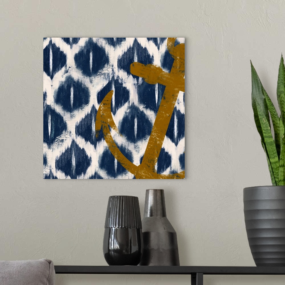 A modern room featuring Square painting of a boat anchor on top of a background of various shapes outlined in white.