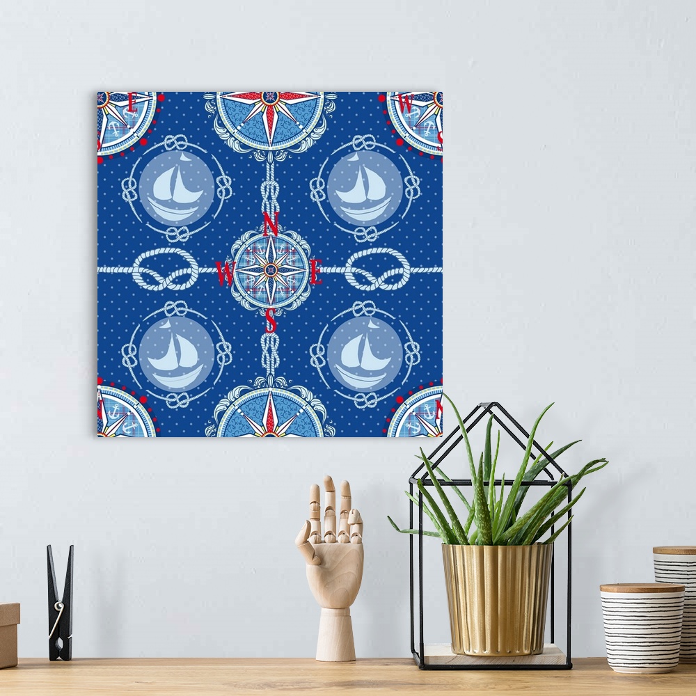 A bohemian room featuring Symmetrical nautical decor with a compass in the center.