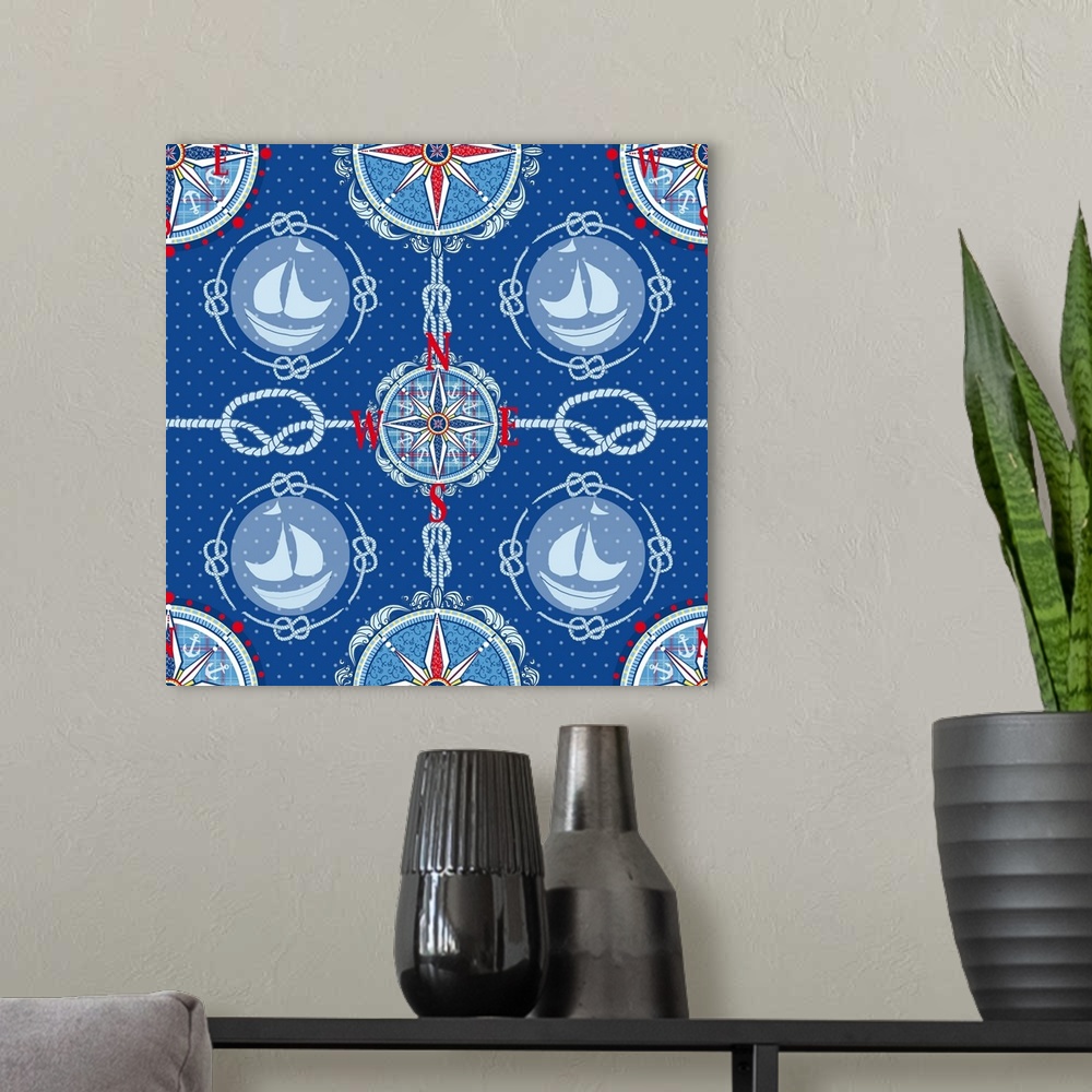 A modern room featuring Symmetrical nautical decor with a compass in the center.