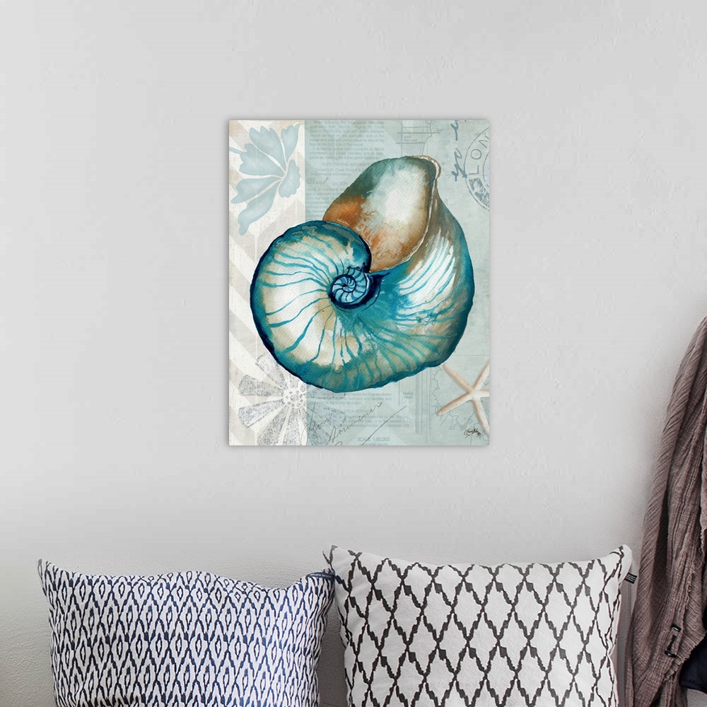 A bohemian room featuring A watercolor painting of a seashell on a decorative nautical background.