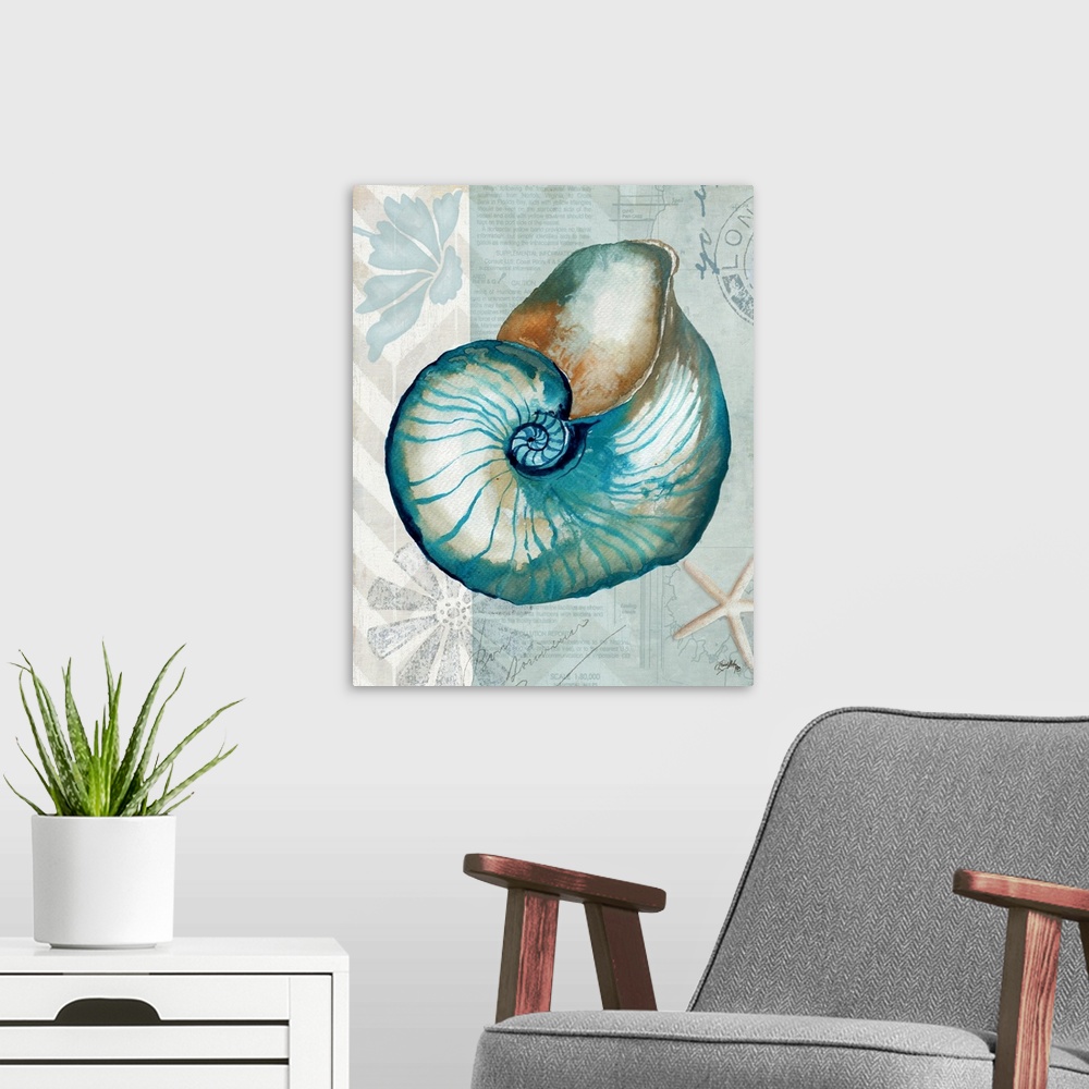 A modern room featuring A watercolor painting of a seashell on a decorative nautical background.