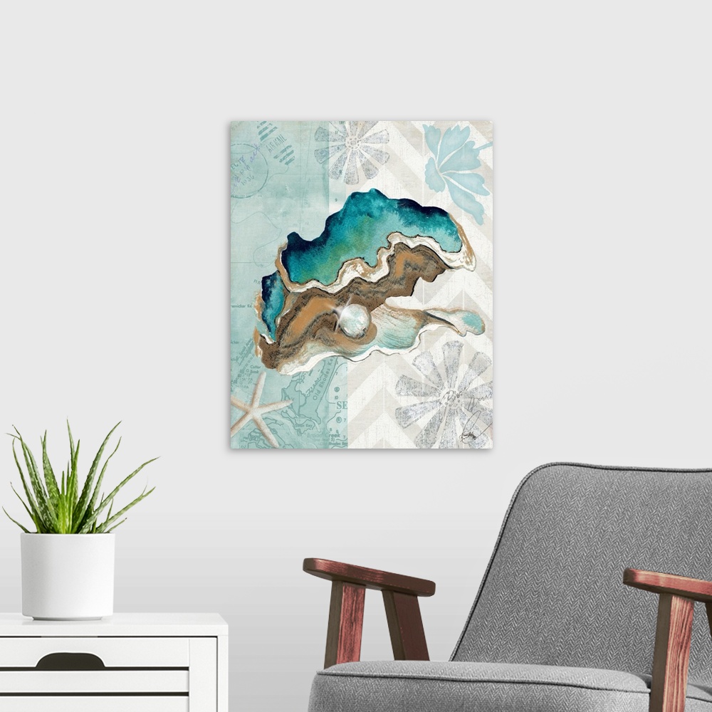 A modern room featuring A watercolor painting of an oyster shell with a pearl on a decorative nautical background.