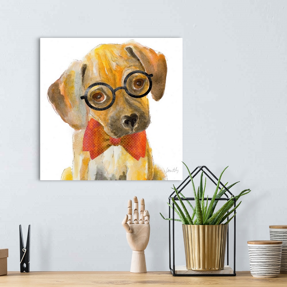 A bohemian room featuring Square watercolor painting of a puppy wearing circular framed glasses and a red bow tie.