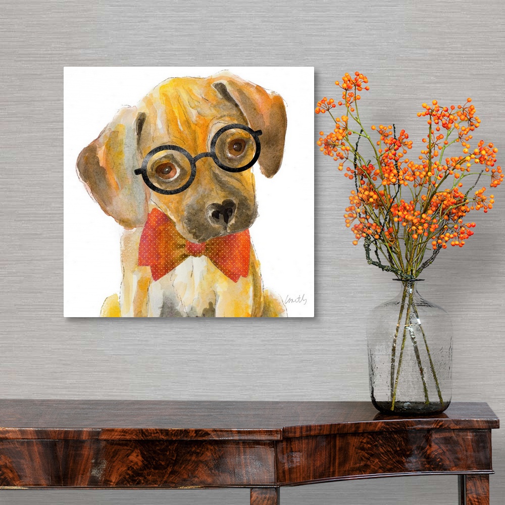 A traditional room featuring Square watercolor painting of a puppy wearing circular framed glasses and a red bow tie.