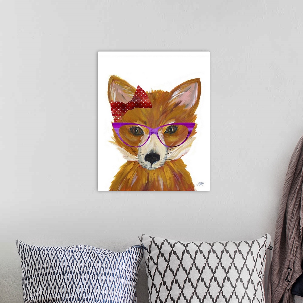 A bohemian room featuring Fun painting of a female fox wearing purple glasses and a red bow with white polka dots.