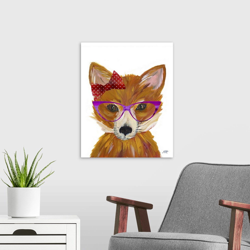 A modern room featuring Fun painting of a female fox wearing purple glasses and a red bow with white polka dots.
