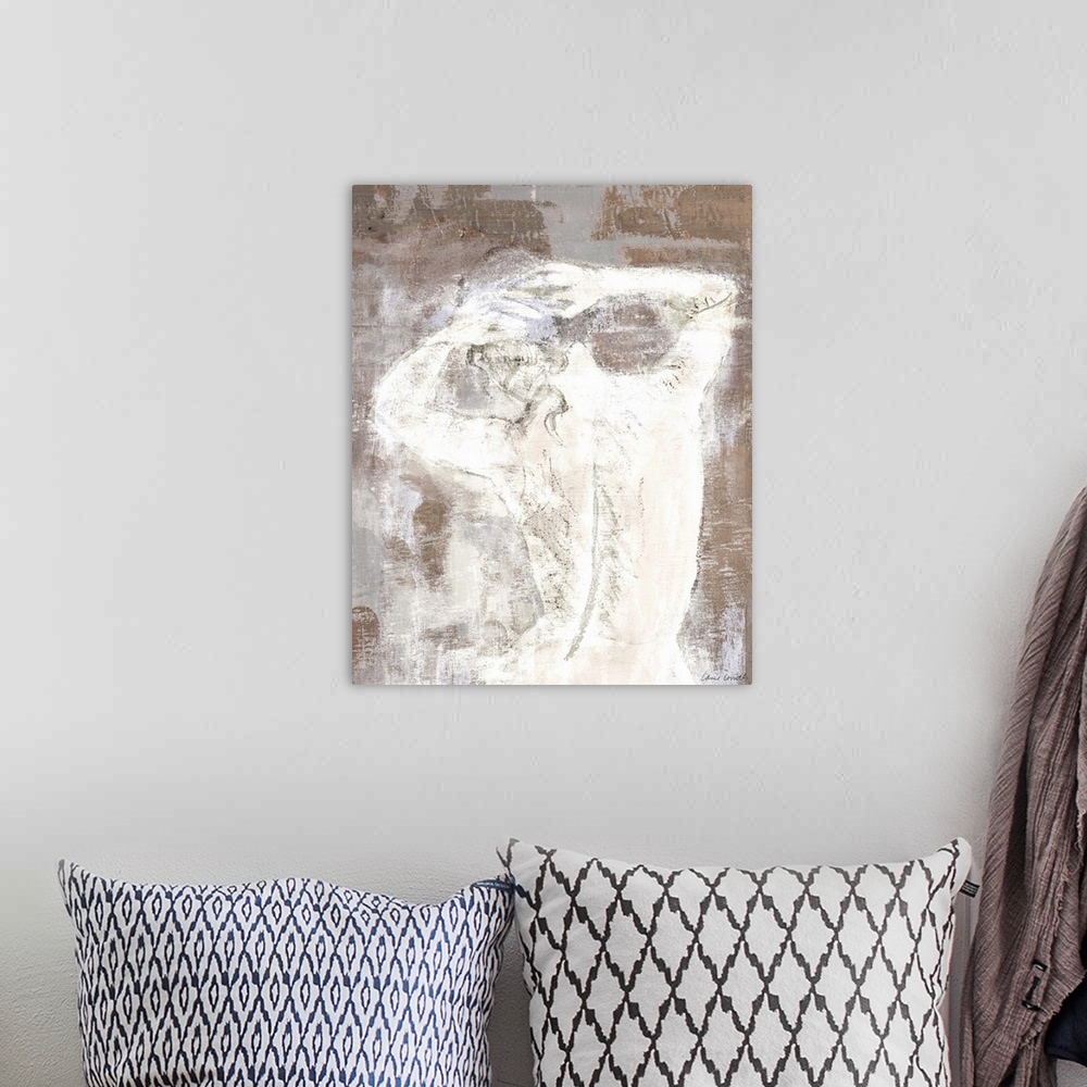 A bohemian room featuring Contemporary painting of a nude figure on a textured brown background.