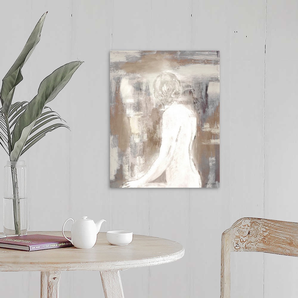 A farmhouse room featuring Contemporary painting of a nude figure on a textured brown background.