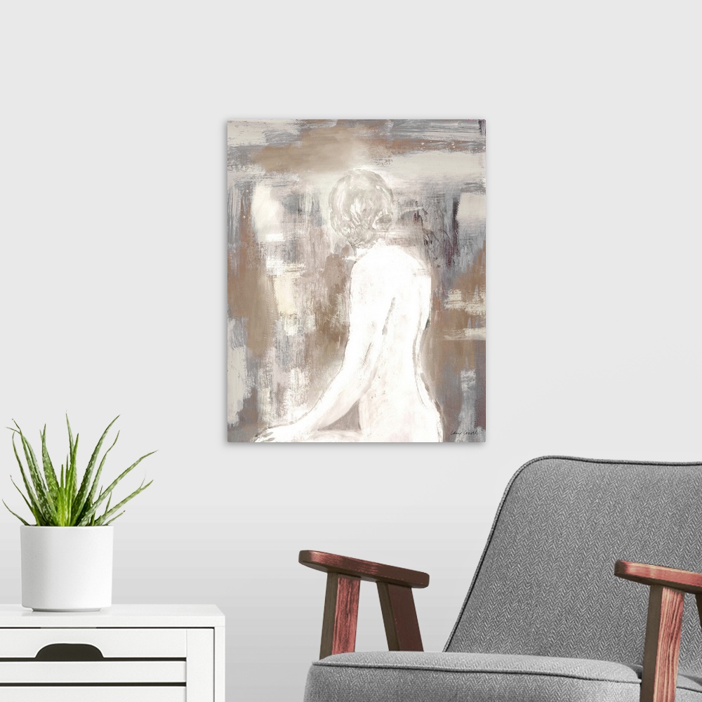A modern room featuring Contemporary painting of a nude figure on a textured brown background.