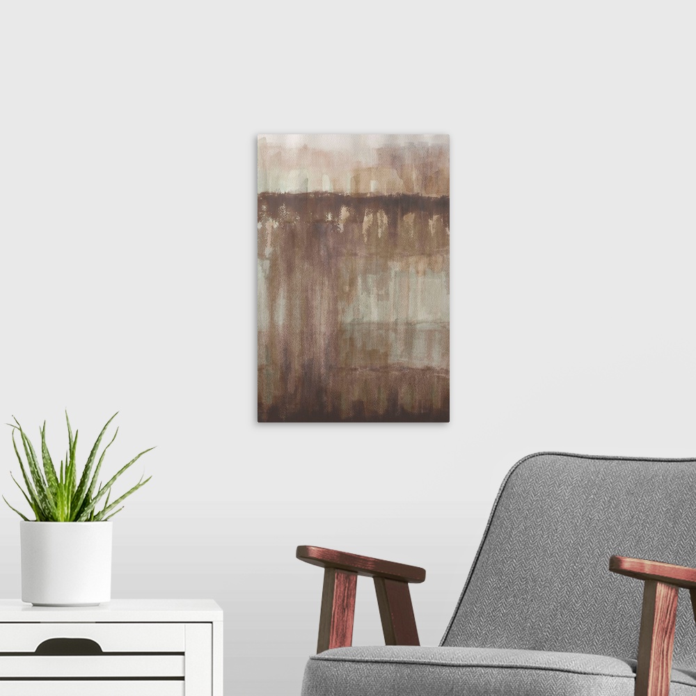 A modern room featuring A contemporary abstract painting with vertical layers of neutral colored brushstrokes.