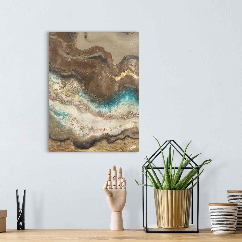 A bohemian room featuring Contemporary abstract artwork resembling sedimentary rock layers with and some shell pieces hidde...