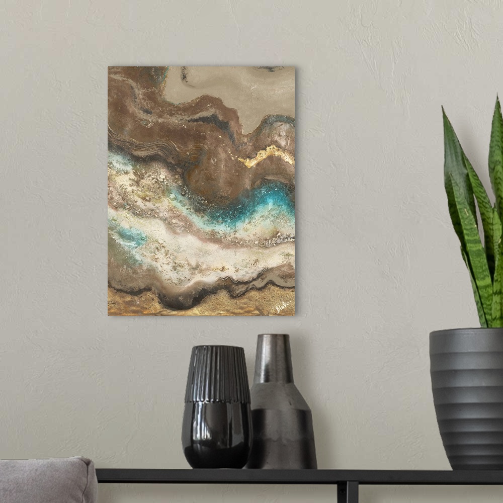 A modern room featuring Contemporary abstract artwork resembling sedimentary rock layers with and some shell pieces hidde...