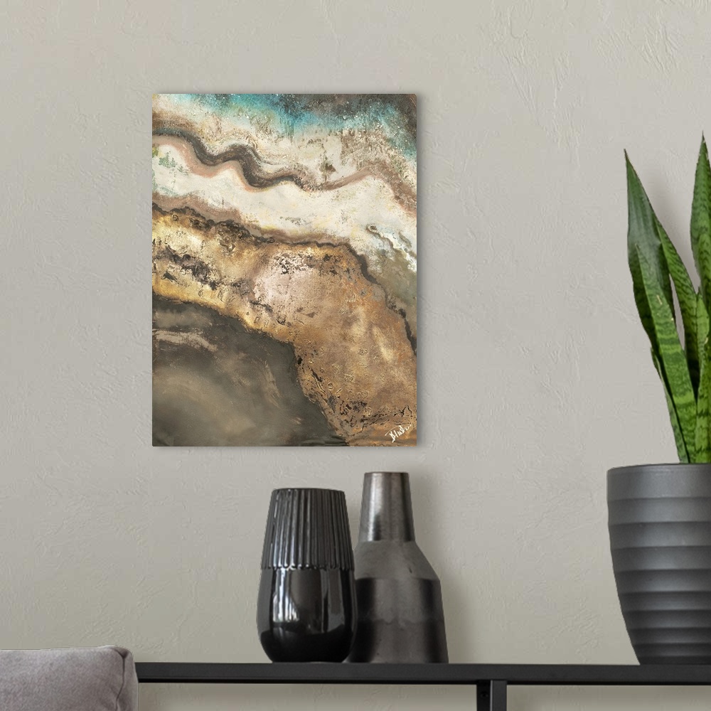A modern room featuring Contemporary abstract artwork resembling sedimentary rock layers with and some shell pieces hidde...