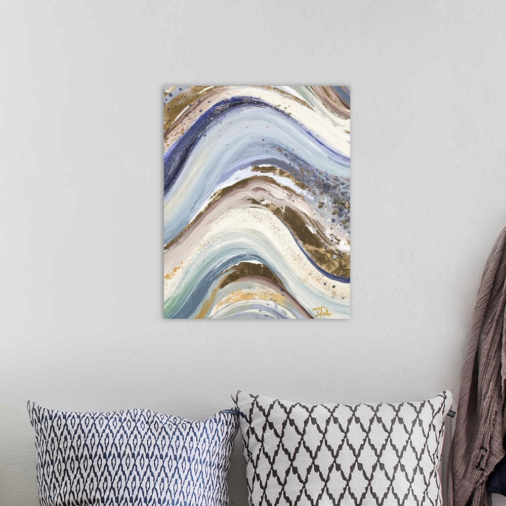 A bohemian room featuring Contemporary abstract painting with wavy lines that look like rolling hills in shades of blue, gr...