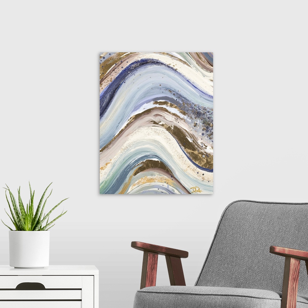 A modern room featuring Contemporary abstract painting with wavy lines that look like rolling hills in shades of blue, gr...