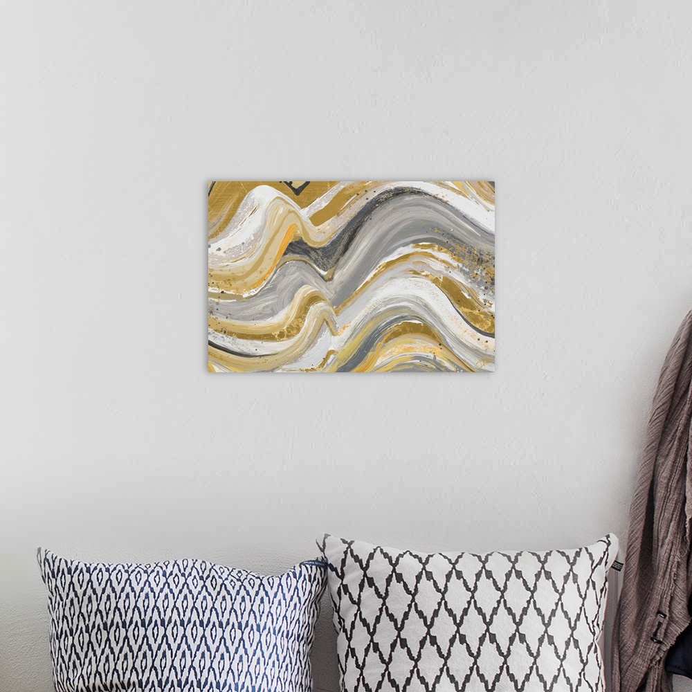 A bohemian room featuring Contemporary abstract painting with wavy lines piled on top of each other in earthy shades of yel...