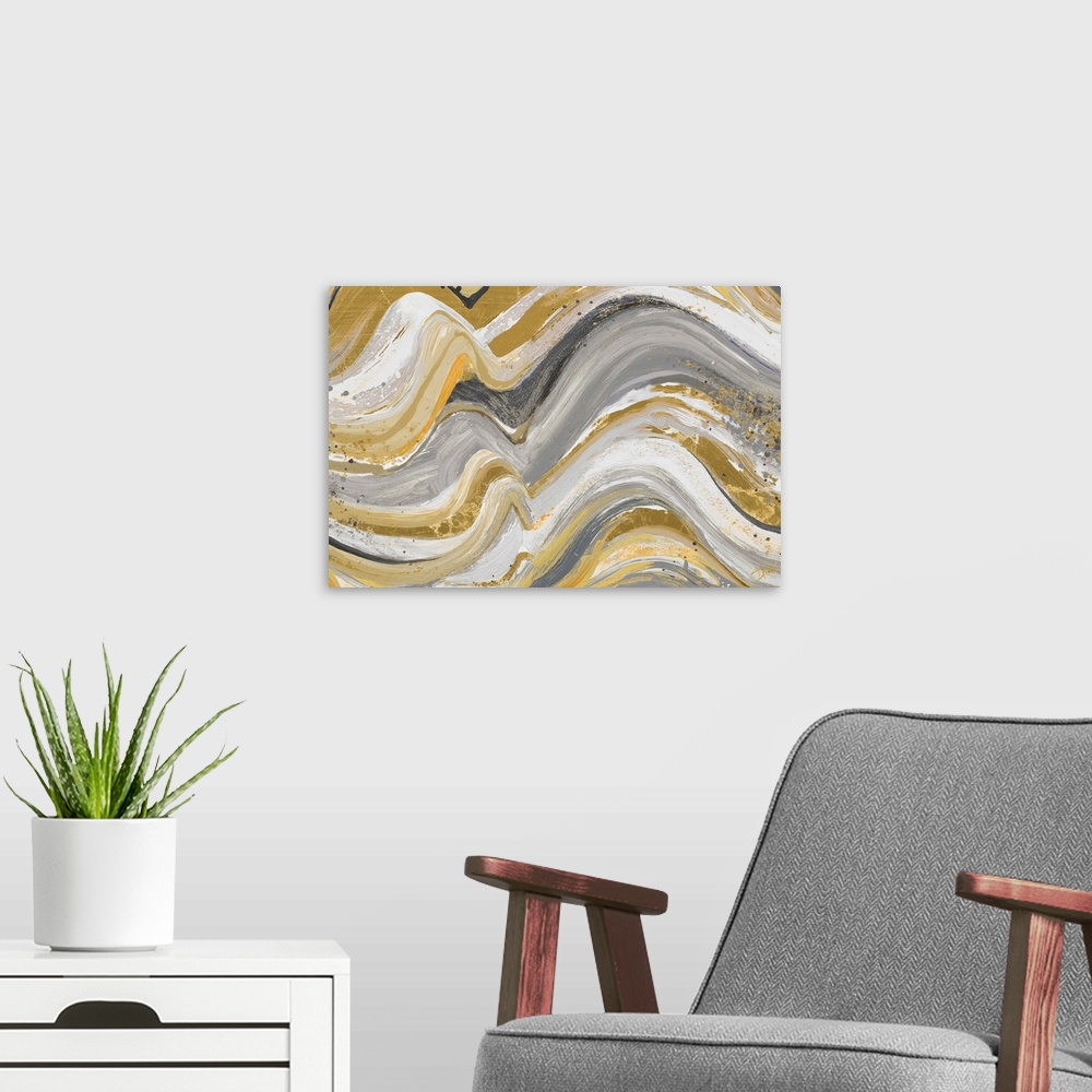 A modern room featuring Contemporary abstract painting with wavy lines piled on top of each other in earthy shades of yel...