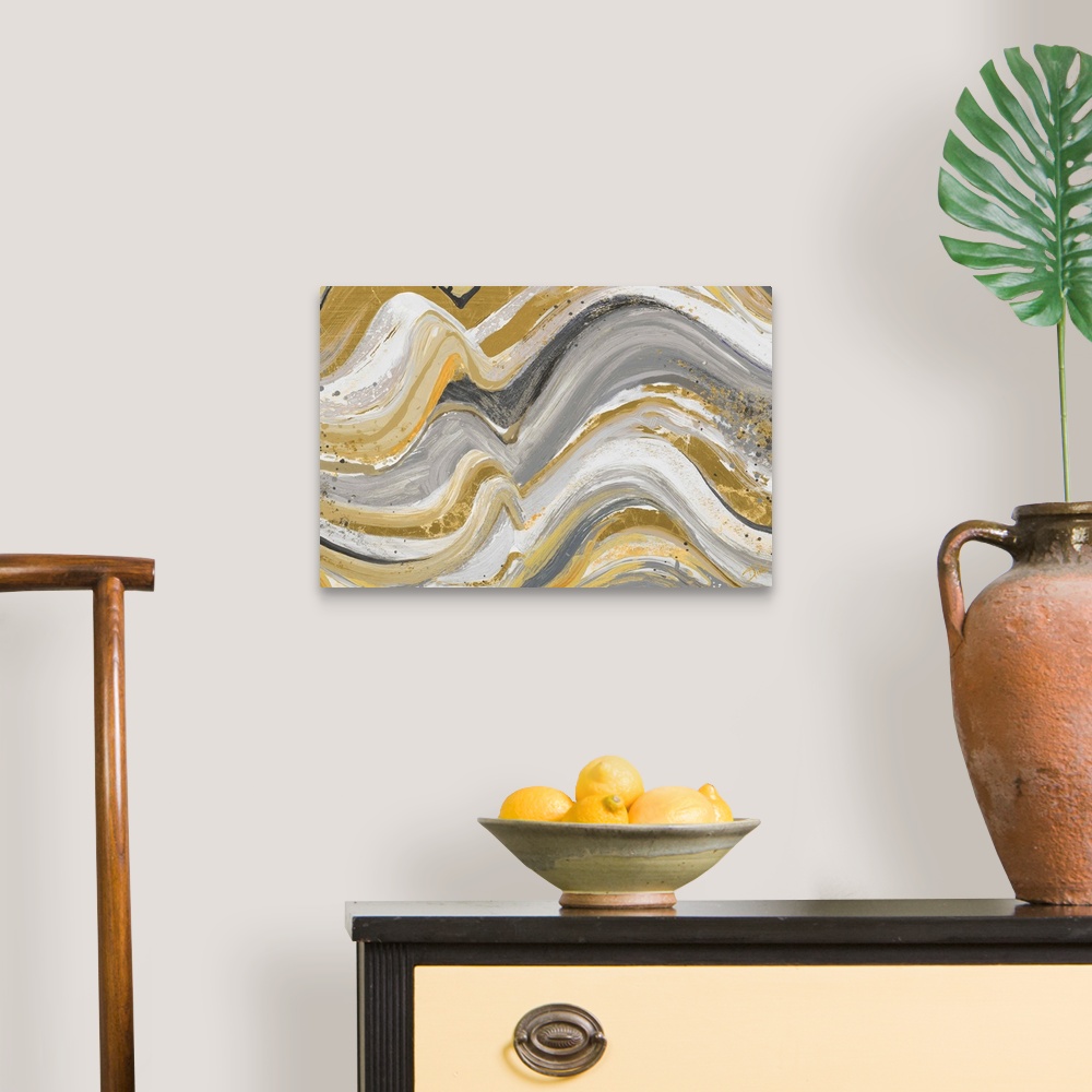 A traditional room featuring Contemporary abstract painting with wavy lines piled on top of each other in earthy shades of yel...