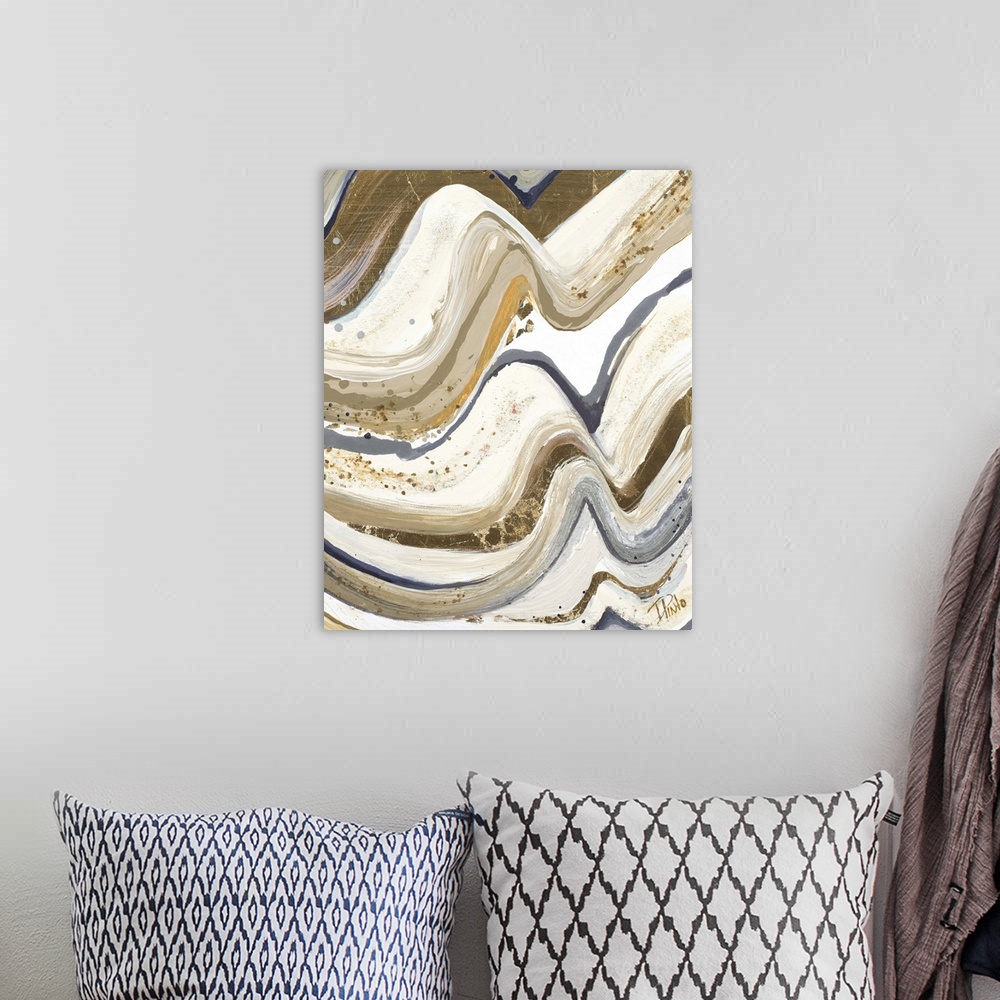 A bohemian room featuring Contemporary abstract painting with wavy lines moving from left to right, running from top to bot...