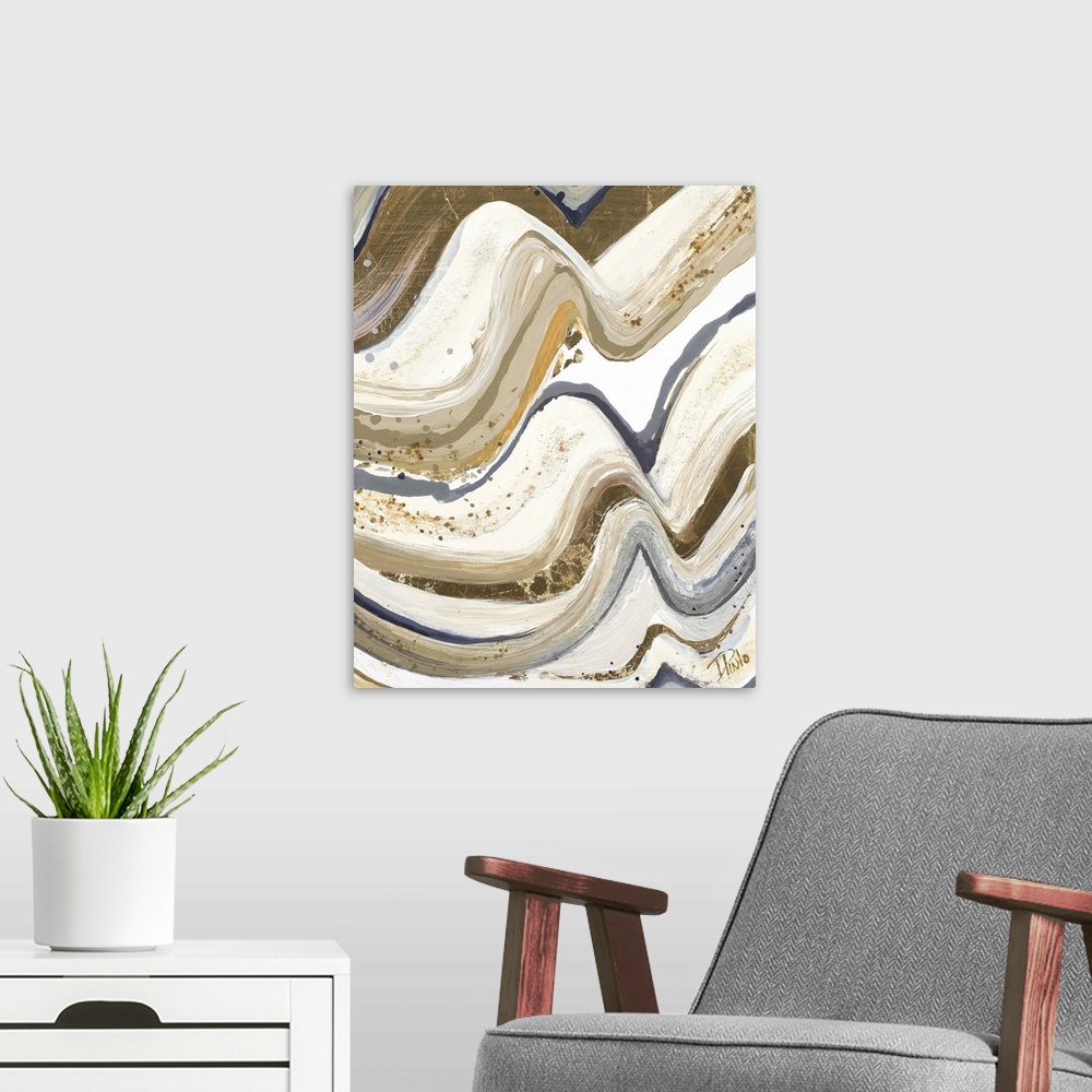 A modern room featuring Contemporary abstract painting with wavy lines moving from left to right, running from top to bot...