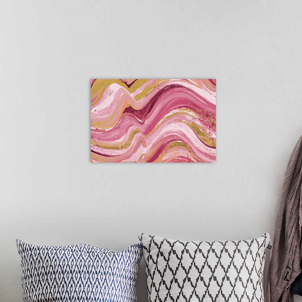 A bohemian room featuring Contemporary abstract painting with wavy lines piled on top of each other in shades of pink with ...