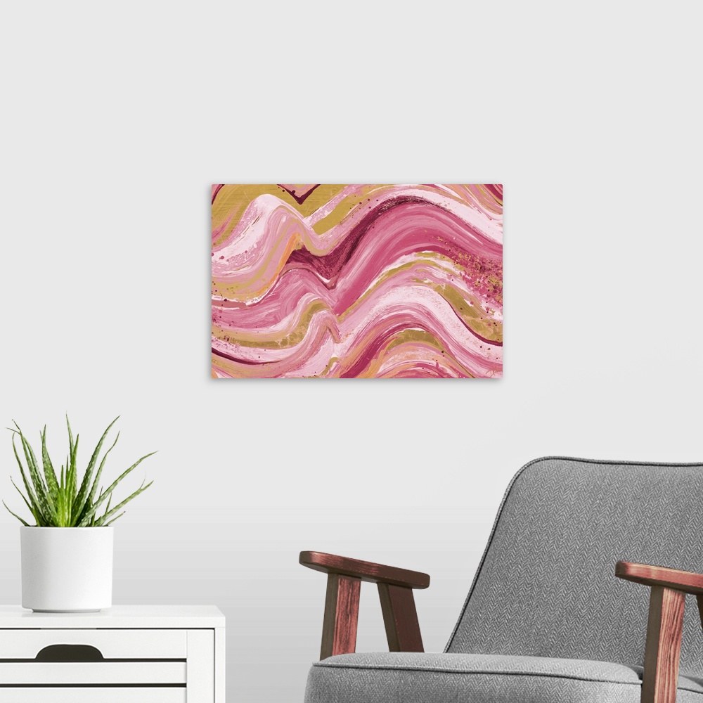 A modern room featuring Contemporary abstract painting with wavy lines piled on top of each other in shades of pink with ...