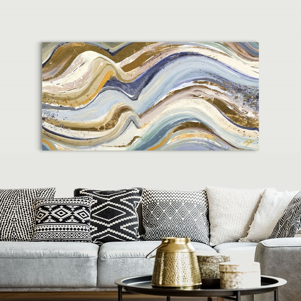 A bohemian room featuring Contemporary abstract painting with wavy lines piled on top of each other in shades of blue, tan,...