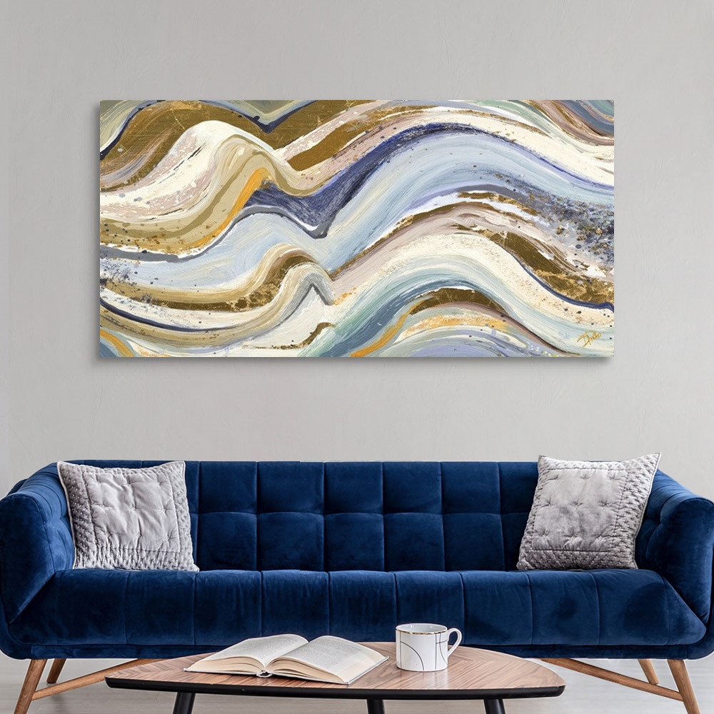 A modern room featuring Contemporary abstract painting with wavy lines piled on top of each other in shades of blue, tan,...
