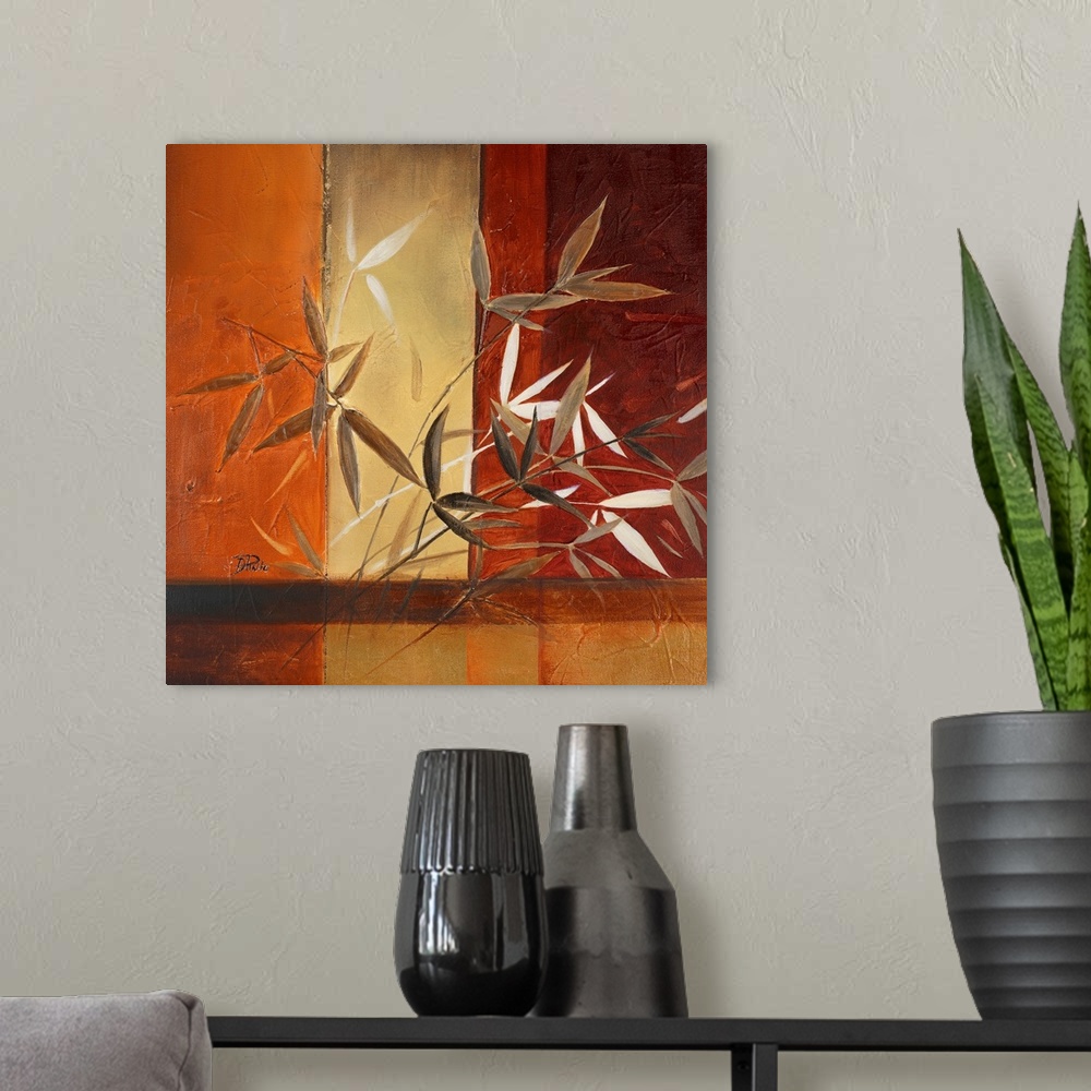 A modern room featuring Rust-colored painting of leaves with vertical striped background.