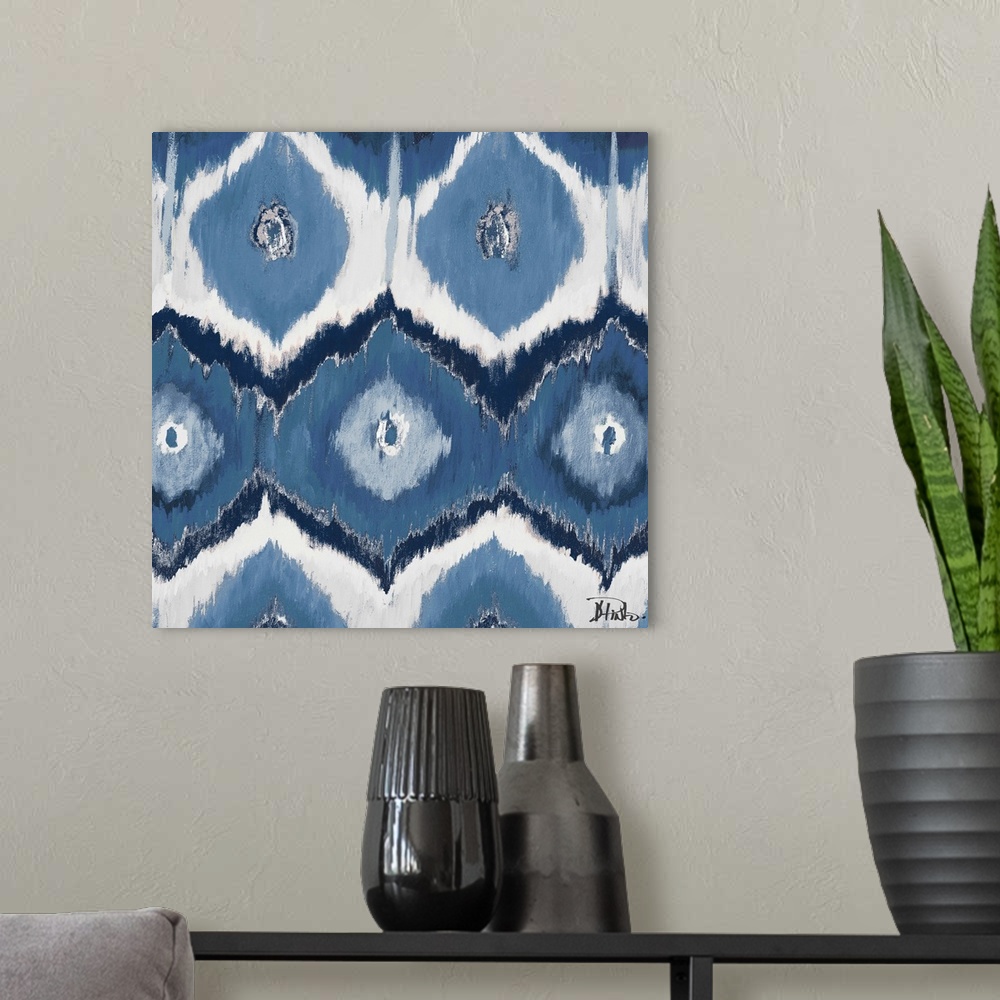 A modern room featuring Contemporary painting of an Ikat pattern in tones of blue and gray.