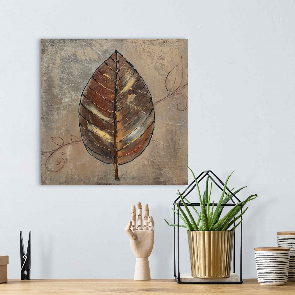 A bohemian room featuring Contemporary of a mixed media brown leaf with gold color detail over a mottled green background.