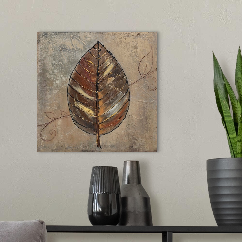 A modern room featuring Contemporary of a mixed media brown leaf with gold color detail over a mottled green background.