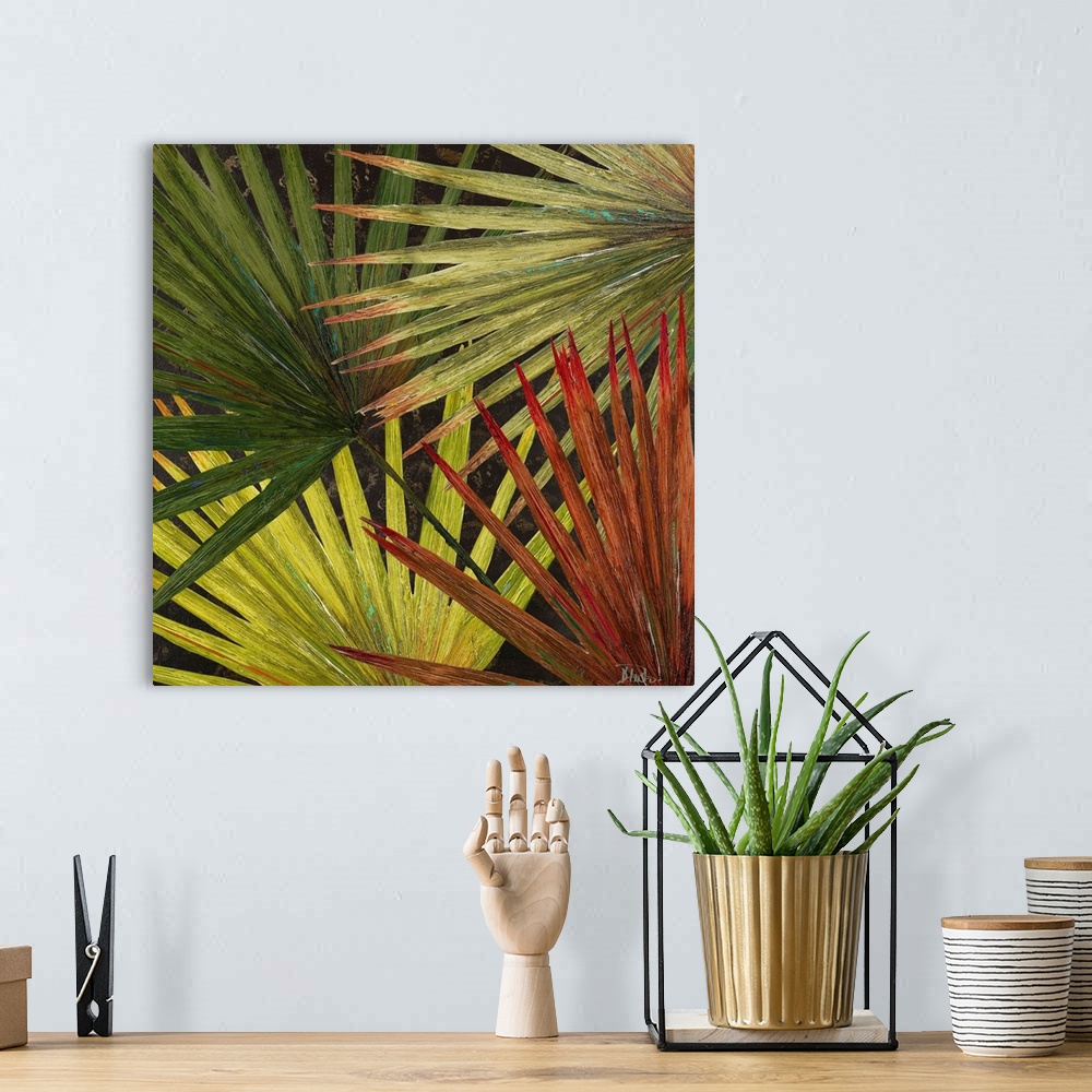 A bohemian room featuring Square painting on canvas of the up close view of ferns in.
