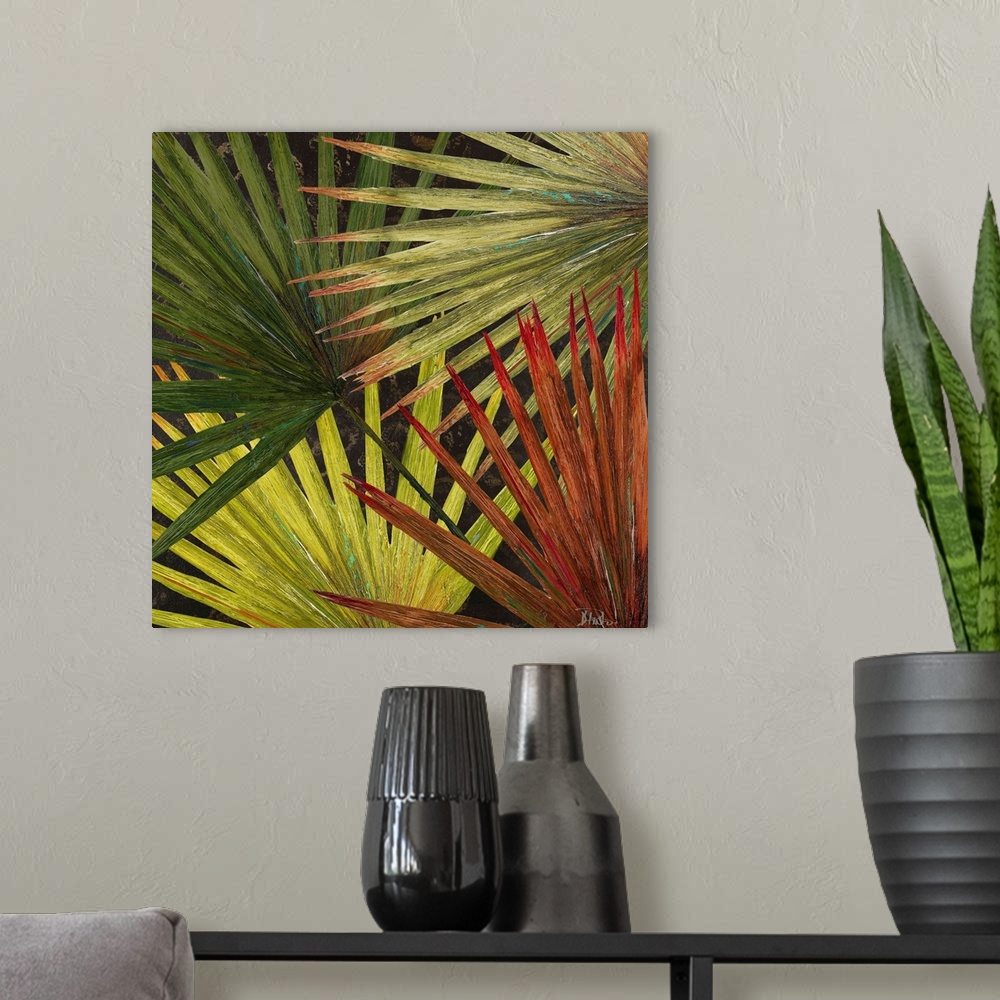 A modern room featuring Square painting on canvas of the up close view of ferns in.