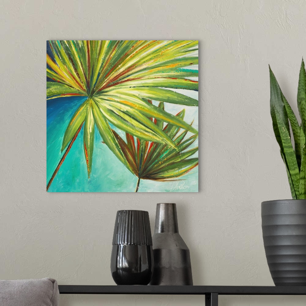 A modern room featuring Painting of a vibrant green palm frond against a blue green background.