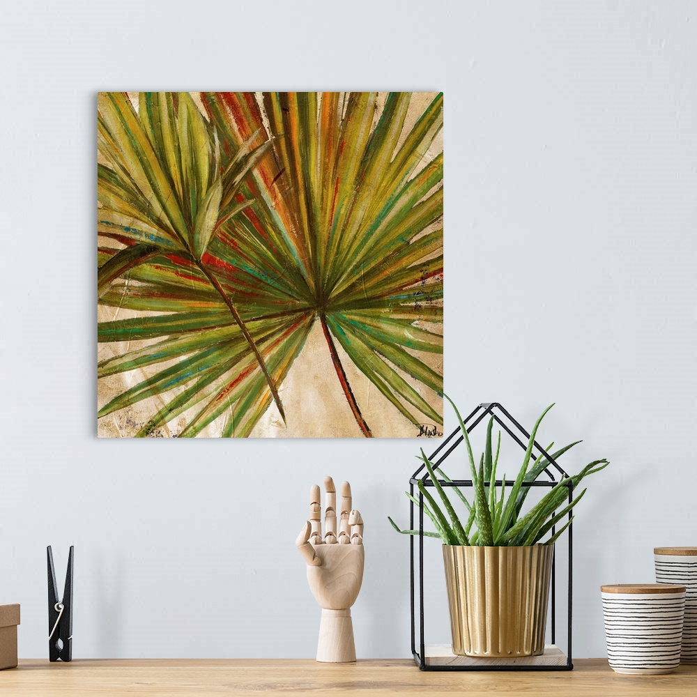 A bohemian room featuring Painting of a vibrant green palm frond against a beige background.
