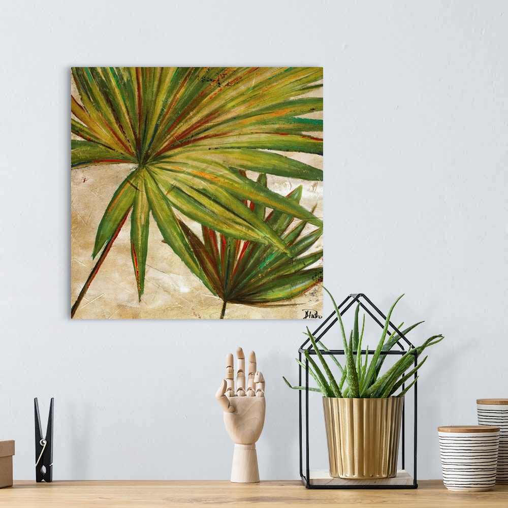 A bohemian room featuring Painting of a vibrant green palm frond against a beige background.