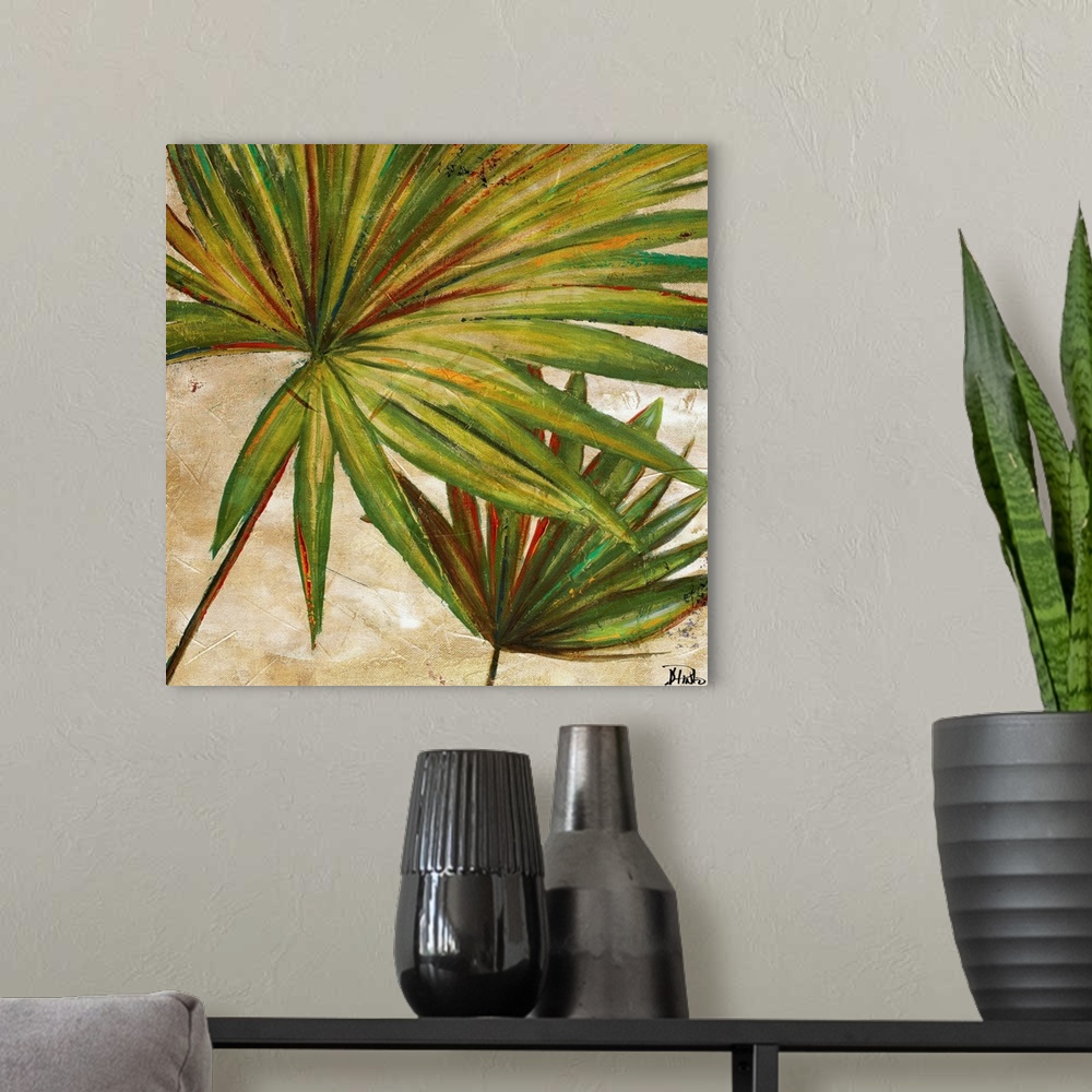 A modern room featuring Painting of a vibrant green palm frond against a beige background.