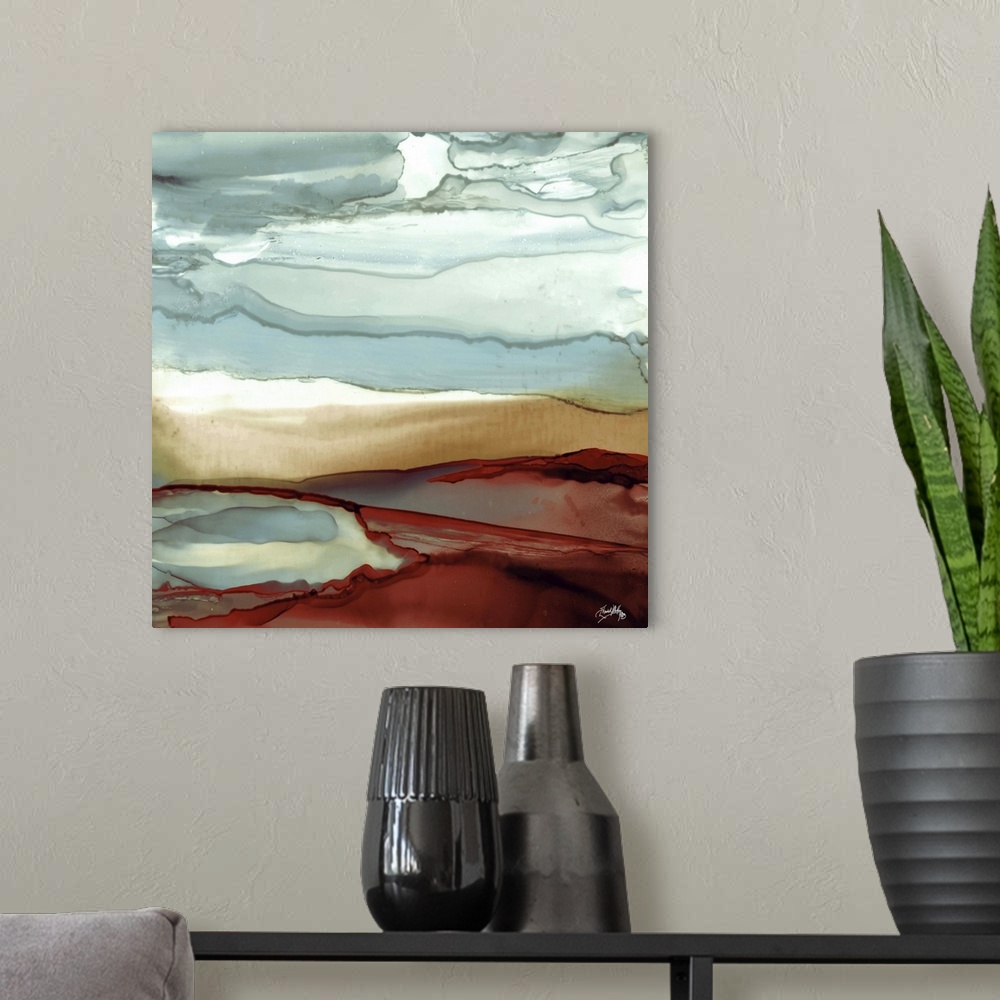 A modern room featuring Square abstract painting with slate blue, tan, white, and crimson red hues layered together.