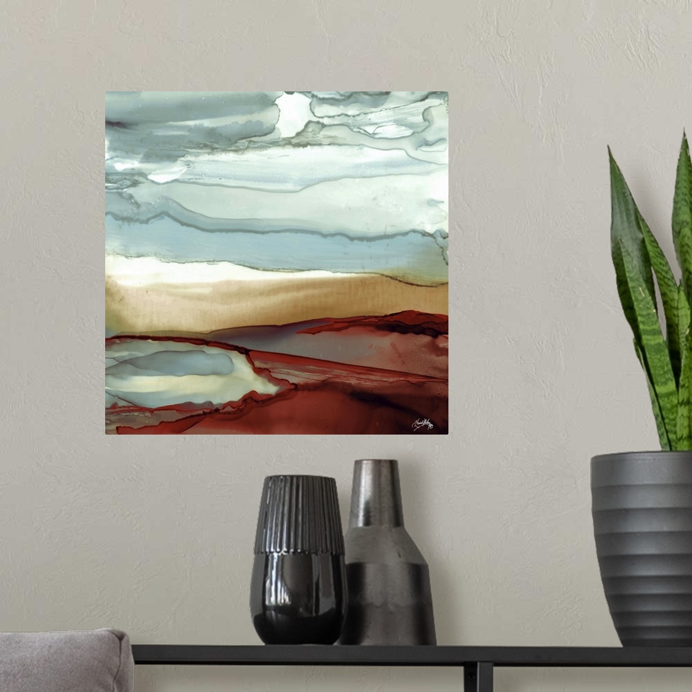 A modern room featuring Square abstract painting with slate blue, tan, white, and crimson red hues layered together.