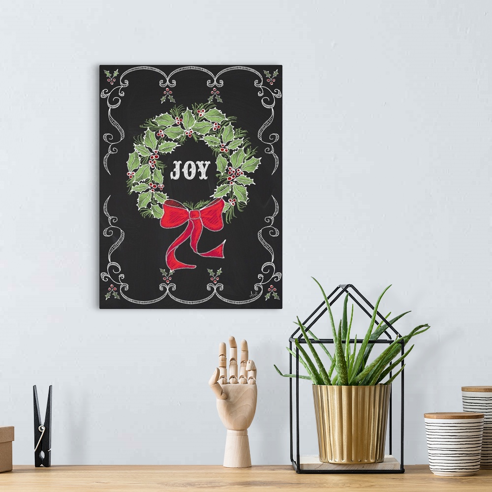 A bohemian room featuring Christmas decor artwork of a wreath against a black background with white decorative scroll work ...