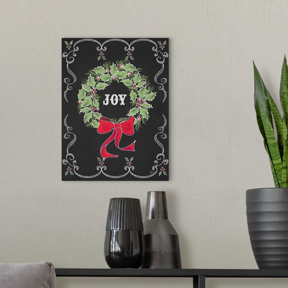 A modern room featuring Christmas decor artwork of a wreath against a black background with white decorative scroll work ...