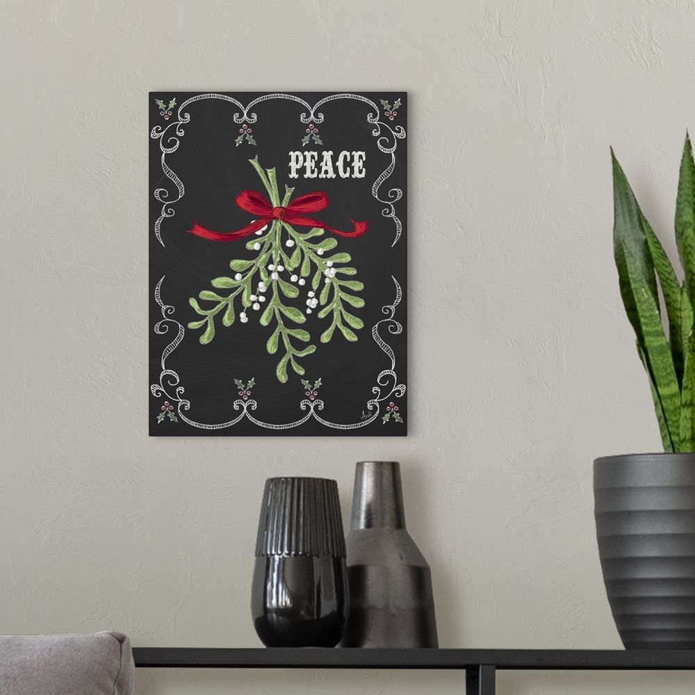 A modern room featuring Christmas decor artwork of mistletoe against a black background with white decorative scroll work...